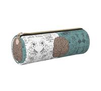 NBHDZENGW Left and Right Brain Functions Large Capacity Cylinder Pencil Case,Printed Leather Cross-Grain PVC Pen Bag with Smooth Zipper, Round Pouch