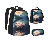 NBHDZENGW Lotus Flowers 3pcs Printed Backpack Set, 600d Oxford-Cloth Laptop Backpack with Insulated Lunch Bag Pencil Case,Adjustable Multifunctional School Travel Bag