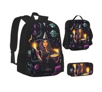 NBHDZENGW Magic Witch Witchcraft Bohemian Drawing 3pcs Printed Backpack Set, 600d Oxford-Cloth Laptop Backpack with Insulated Lunch Bag Pencil Case,Adjustable Multifunctional School Travel Bag