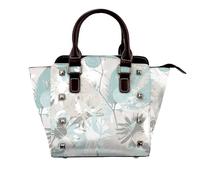 NBHDZENGW Mint Gray Leaves Genuine Leather Crossbody Satin Bag With Studs And All-Over Print,Adjustable Detachable Strap, Elegant Spacious Tote Purse For Women