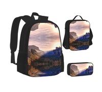 NBHDZENGW Mountain At Sunset 3pcs Printed Backpack Set, 600d Oxford-Cloth Laptop Backpack with Insulated Lunch Bag Pencil Case,Adjustable Multifunctional School Travel Bag