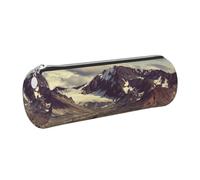NBHDZENGW Mountains Scenery Large Capacity Cylinder Pencil Case,Printed Leather Cross-Grain PVC Pen Bag with Smooth Zipper, Round Pouch