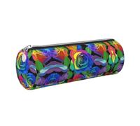 NBHDZENGW Multicolored Roses Large Capacity Cylinder Pencil Case,Printed Leather Cross-Grain PVC Pen Bag with Smooth Zipper, Round Pouch