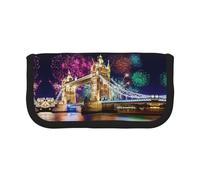 NBHDZENGW Night London Tower Bridge Large Canvas Pencil Case Makeup Bag Organizer-Premium Zippered Pouch with Mesh Pocket,Color-Block Design (Black Trim)-School Trave Cosmetic Bag