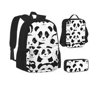 NBHDZENGW Panda 3pcs Printed Backpack Set, 600d Oxford-Cloth Laptop Backpack with Insulated Lunch Bag Pencil Case,Adjustable Multifunctional School Travel Bag