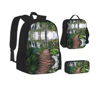 NBHDZENGW Park Waterfall and Lake 3pcs Printed Backpack Set, 600d Oxford-Cloth Laptop Backpack with Insulated Lunch Bag Pencil Case,Adjustable Multifunctional School Travel Bag