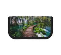 NBHDZENGW Park Waterfall and Lake Large Canvas Pencil Case Makeup Bag Organizer-Premium Zippered Pouch with Mesh Pocket,Color-Block Design (Black Trim)-School Trave Cosmetic Bag
