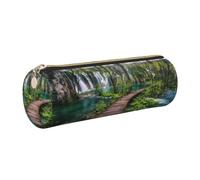 NBHDZENGW Park Waterfall and Lake Large Capacity Cylinder Pencil Case,Printed Leather Cross-Grain PVC Pen Bag with Smooth Zipper, Round Pouch