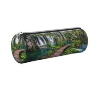 NBHDZENGW Park Waterfall and Lake Large Capacity Cylinder Pencil Case,Printed Leather Cross-Grain PVC Pen Bag with Smooth Zipper, Round Pouch