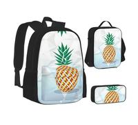 NBHDZENGW Pineapple Geometric 3pcs Printed Backpack Set, 600d Oxford-Cloth Laptop Backpack with Insulated Lunch Bag Pencil Case,Adjustable Multifunctional School Travel Bag