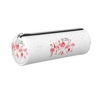 NBHDZENGW Pink Flamingo and Snowflake Large Capacity Cylinder Pencil Case,Printed Leather Cross-Grain PVC Pen Bag with Smooth Zipper, Round Pouch