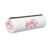 NBHDZENGW Pink Flamingo and Snowflake Large Capacity Cylinder Pencil Case,Printed Leather Cross-Grain PVC Pen Bag with Smooth Zipper, Round Pouch
