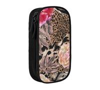 NBHDZENGW Pink Flower Leopard Large Capacity Double Layer Pencil Case,Custom Printed Durable Polyester Organizer for School, Office, Travel, Art Supplies Makeup