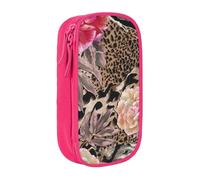 NBHDZENGW Pink Flower Leopard Large Capacity Double Layer Pencil Case,Custom Printed Durable Polyester Organizer for School, Office, Travel, Art Supplies Makeup