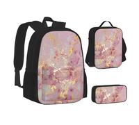 NBHDZENGW Pink Marble Texture 3pcs Printed Backpack Set, 600d Oxford-Cloth Laptop Backpack with Insulated Lunch Bag Pencil Case,Adjustable Multifunctional School Travel Bag