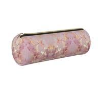 NBHDZENGW Pink Marble Texture Large Capacity Cylinder Pencil Case,Printed Leather Cross-Grain PVC Pen Bag with Smooth Zipper, Round Pouch