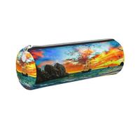 NBHDZENGW Pirate Ship in The Sunset Large Capacity Cylinder Pencil Case,Printed Leather Cross-Grain PVC Pen Bag with Smooth Zipper, Round Pouch