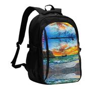 NBHDZENGW Pirate Ship In The Sunset Multi-Functional Travel Laptop Backpack With Usb-Charging Port, Large Capacity 12-Pocket Daypack With Anti-Theft Hidden Pocket