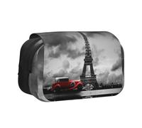 NBHDZENGW Red Car in Front of The Eiffel Tower Flip Top Double Layer Pencil Case-Large Capacity Premium Polyester Fabric,Full Print Design-Ideal for School,Travel