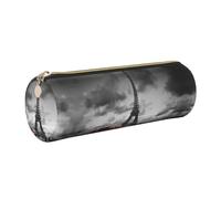 NBHDZENGW Red Car in Front of The Eiffel Tower Large Capacity Cylinder Pencil Case,Printed Leather Cross-Grain PVC Pen Bag with Smooth Zipper, Round Pouch