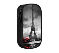 NBHDZENGW Red Car in Front of The Eiffel Tower Large Capacity Double Layer Pencil Case,Custom Printed Durable Polyester Organizer for School, Office, Travel, Art Supplies Makeup