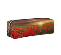 NBHDZENGW Red Flowers Field Leather Pencil Case with Smooth Zipper,Stylish Durable Zippered Pouch for School,Office,Travel-Lightweight Full Print Stationery Holder
