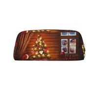 NBHDZENGW Santa Outside The Window Cute Leather Pencil Case with Smooth Zipper,Stylish Durable Pouch for School,Office,Travel-Lightweight Full Print Stationery Holder
