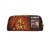 NBHDZENGW Santa Outside The Window Cute Leather Pencil Case with Smooth Zipper,Stylish Durable Pouch for School,Office,Travel-Lightweight Full Print Stationery Holder