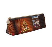 NBHDZENGW Santa Outside The Window Cute Triangle Leather Pencil Case with Smooth Zipper,Stylish Durable Pouch for School,Office,Travel-Lightweight Full Print Stationery Holder