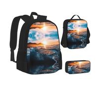 NBHDZENGW Sea Beach Sunset 3pcs Printed Backpack Set, 600d Oxford-Cloth Laptop Backpack with Insulated Lunch Bag Pencil Case,Adjustable Multifunctional School Travel Bag
