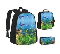 NBHDZENGW Sea World 3pcs Printed Backpack Set, 600d Oxford-Cloth Laptop Backpack with Insulated Lunch Bag Pencil Case,Adjustable Multifunctional School Travel Bag