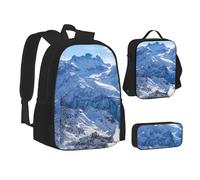 NBHDZENGW Snowy Mountain 3pcs Printed Backpack Set, 600d Oxford-Cloth Laptop Backpack with Insulated Lunch Bag Pencil Case,Adjustable Multifunctional School Travel Bag
