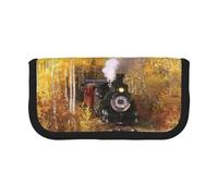 NBHDZENGW Steam Train Large Canvas Pencil Case Makeup Bag Organizer-Premium Zippered Pouch with Mesh Pocket,Color-Block Design (Black Trim)-School Trave Cosmetic Bag