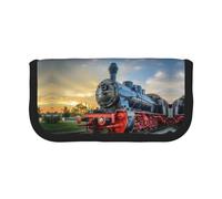 NBHDZENGW Steam Train Large Canvas Pencil Case Makeup Bag Organizer-Premium Zippered Pouch with Mesh Pocket,Color-Block Design (Black Trim)-School Trave Cosmetic Bag