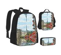 NBHDZENGW Street in Paris Town 3pcs Printed Backpack Set, 600d Oxford-Cloth Laptop Backpack with Insulated Lunch Bag Pencil Case,Adjustable Multifunctional School Travel Bag