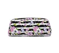 NBHDZENGW Striped Flower Butterfly Cute Leather Pencil Case with Smooth Zipper,Stylish Durable Pouch for School,Office,Travel-Lightweight Full Print Stationery Holder