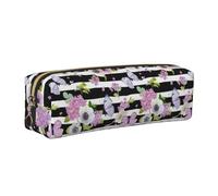 NBHDZENGW Striped Flower Butterfly Leather Pencil Case with Smooth Zipper,Stylish Durable Zippered Pouch for School,Office,Travel-Lightweight Full Print Stationery Holder