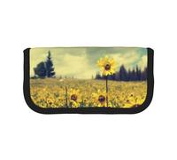 NBHDZENGW Summer Yellow Flowers Large Capacity Canvas Pencil Case,Print Black Border Contrasting Color Pencil Pouch with Double Zipper,Portable Multifunctional Stationery Bag