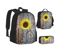 NBHDZENGW Sunflower On Old Wood Panel 3pcs Printed Backpack Set, 600d Oxford-Cloth Laptop Backpack with Insulated Lunch Bag Pencil Case,Adjustable Multifunctional School Travel Bag