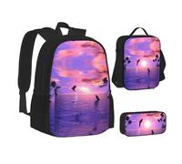 NBHDZENGW Sunset Dolphins 3pcs Printed Backpack Set, 600d Oxford-Cloth Laptop Backpack with Insulated Lunch Bag Pencil Case,Adjustable Multifunctional School Travel Bag