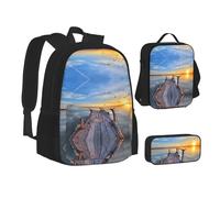 NBHDZENGW Sunset Sea 3pcs Printed Backpack Set, 600d Oxford-Cloth Laptop Backpack with Insulated Lunch Bag Pencil Case,Adjustable Multifunctional School Travel Bag