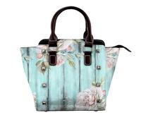 NBHDZENGW Teal Barn Door Floral Genuine Leather Crossbody Satin Bag With Studs And All-Over Print,Adjustable Detachable Strap, Elegant Spacious Tote Purse For Women