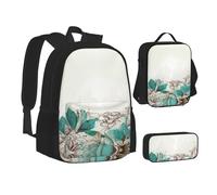 NBHDZENGW Teal Floral 3pcs Printed Backpack Set, 600d Oxford-Cloth Laptop Backpack with Insulated Lunch Bag Pencil Case,Adjustable Multifunctional School Travel Bag