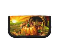 NBHDZENGW Thanksgiving Day Pumpkin Large Capacity Canvas Pencil Case,Print Black Border Contrasting Color Pencil Pouch with Double Zipper,Portable Multifunctional Stationery Bag