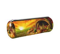 NBHDZENGW Thanksgiving Day Pumpkin Large Capacity Cylinder Pencil Case,Printed Leather Cross-Grain PVC Pen Bag with Smooth Zipper, Round Pouch