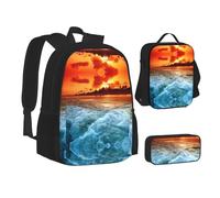 NBHDZENGW The Beach Sunset 3pcs Printed Backpack Set, 600d Oxford-Cloth Laptop Backpack with Insulated Lunch Bag Pencil Case,Adjustable Multifunctional School Travel Bag