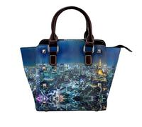NBHDZENGW Tokyo City Genuine Leather Crossbody Satin Bag With Studs And All-Over Print,Adjustable Detachable Strap, Elegant Spacious Tote Purse For Women