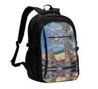 NBHDZENGW Tower Bridge In London Multi-Functional Travel Laptop Backpack With Usb-Charging Port, Large Capacity 12-Pocket Daypack With Anti-Theft Hidden Pocket
