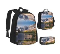 NBHDZENGW Travel Mountain Scenery 3pcs Printed Backpack Set, 600d Oxford-Cloth Laptop Backpack with Insulated Lunch Bag Pencil Case,Adjustable Multifunctional School Travel Bag
