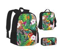 NBHDZENGW Tropical Birds and Plant Leaf 3pcs Printed Backpack Set, 600d Oxford-Cloth Laptop Backpack with Insulated Lunch Bag Pencil Case,Adjustable Multifunctional School Travel Bag